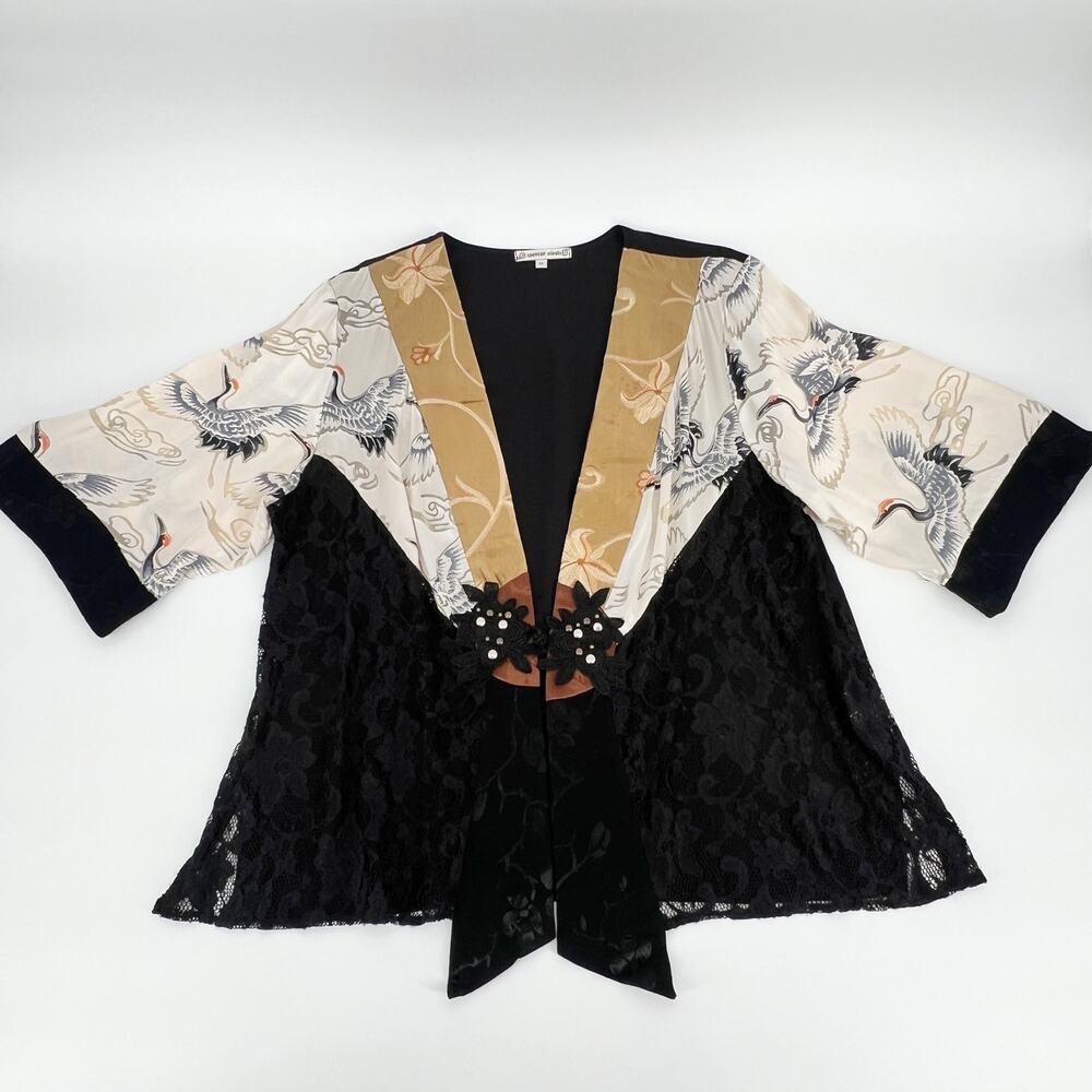 Spencer Alexis Kimono Women Plus 1X Mixed Print Silk Blend Lace Crane Bird USA
